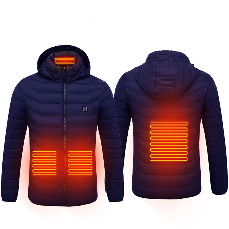 Navy blue USB heated hooded puffer jacket, front and back, with heating zones shown