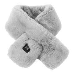 Gray faux fur USB heated scarf with power button