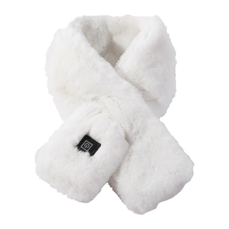 White faux fur USB heated scarf with power button