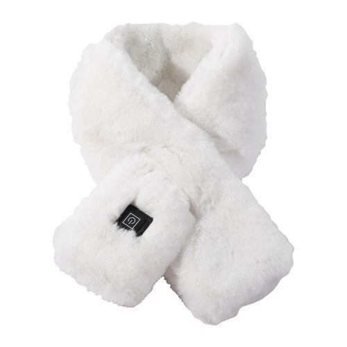 White faux fur USB heated scarf with power button