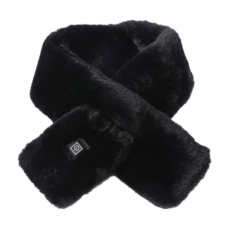 Black faux fur USB heated scarf with power button