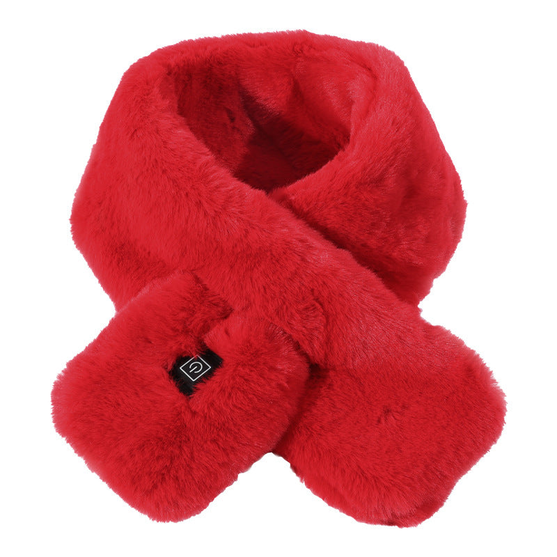 Red faux fur USB heated scarf with power button