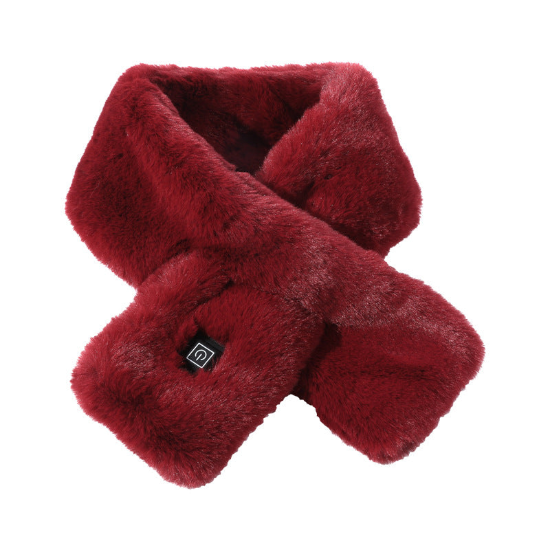 Wine red faux fur USB heated scarf with power button