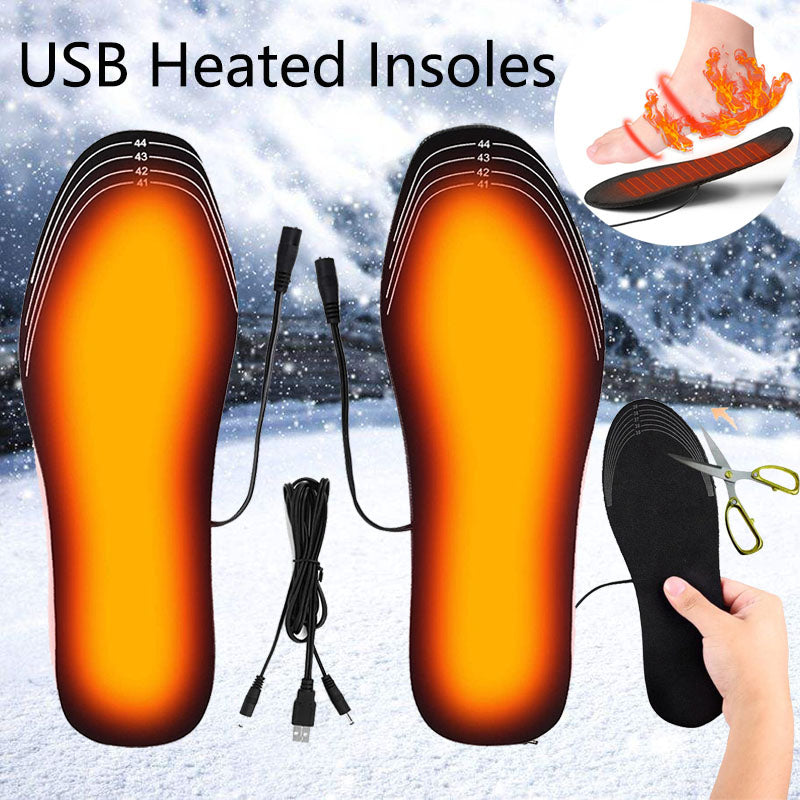 Pair of USB heated insoles glowing warm with USB power cable, cut-to-fit size lines