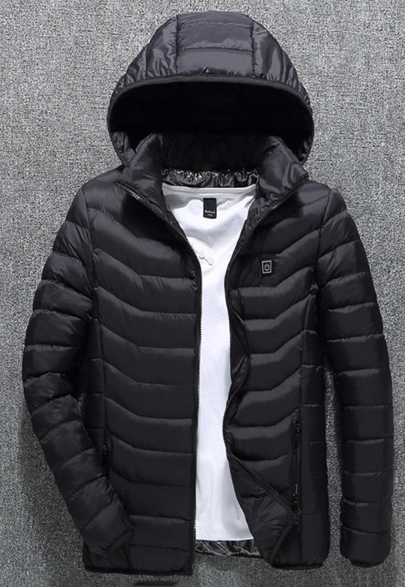 NorthCinch USB heated hooded puffer jacket in black, front view with the chest power button