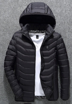 NorthCinch USB heated hooded puffer jacket in black, front view with the chest power button