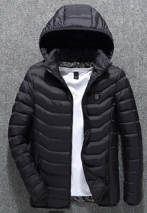 NorthCinch USB heated hooded puffer jacket in black, front view with the chest power button