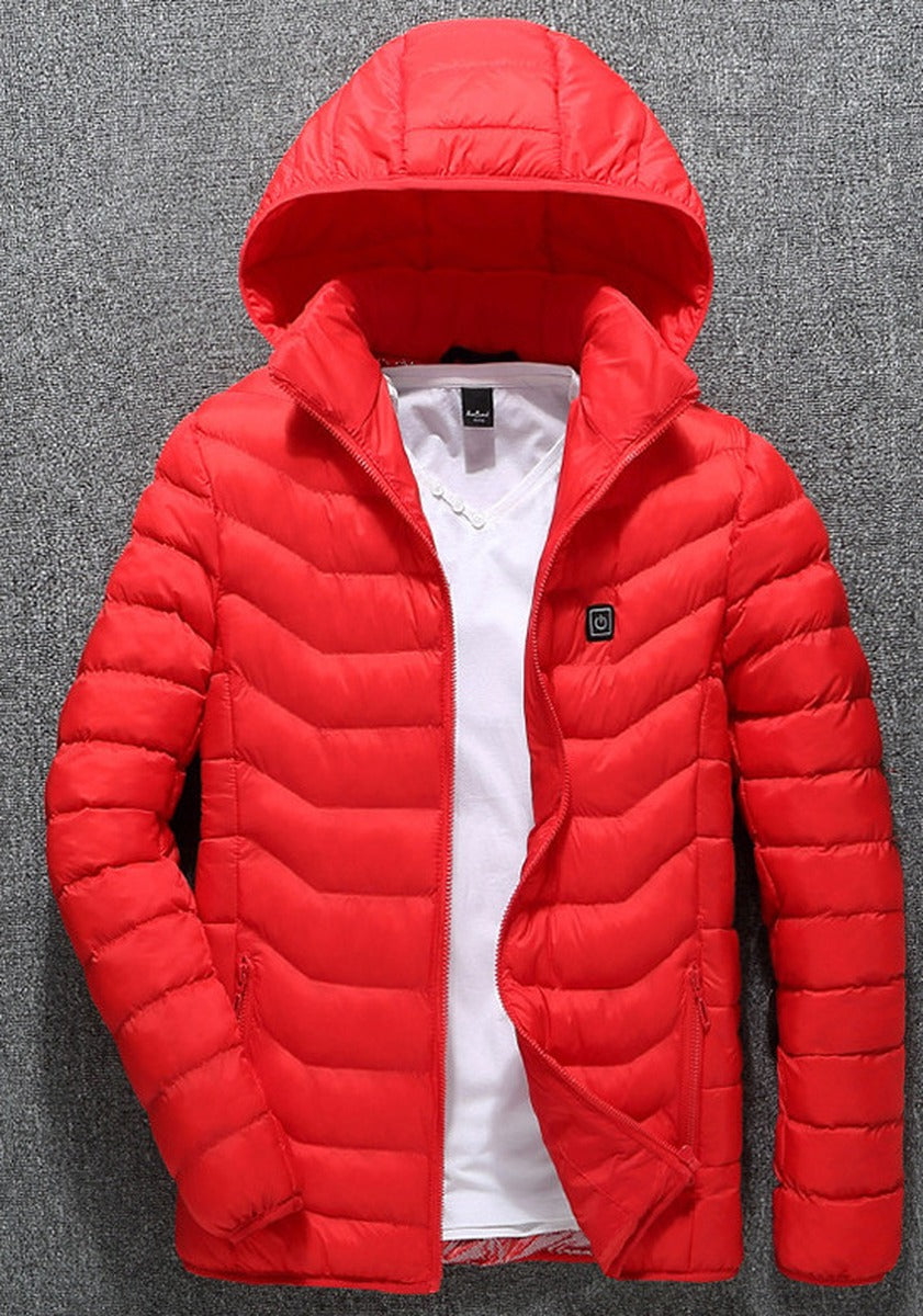 NorthCinch USB heated hooded puffer jacket in red, front view with the chest power button