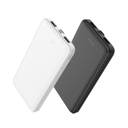 Power bank end view showing the two USB-A ports, shown in white and black (black is the colour sold)