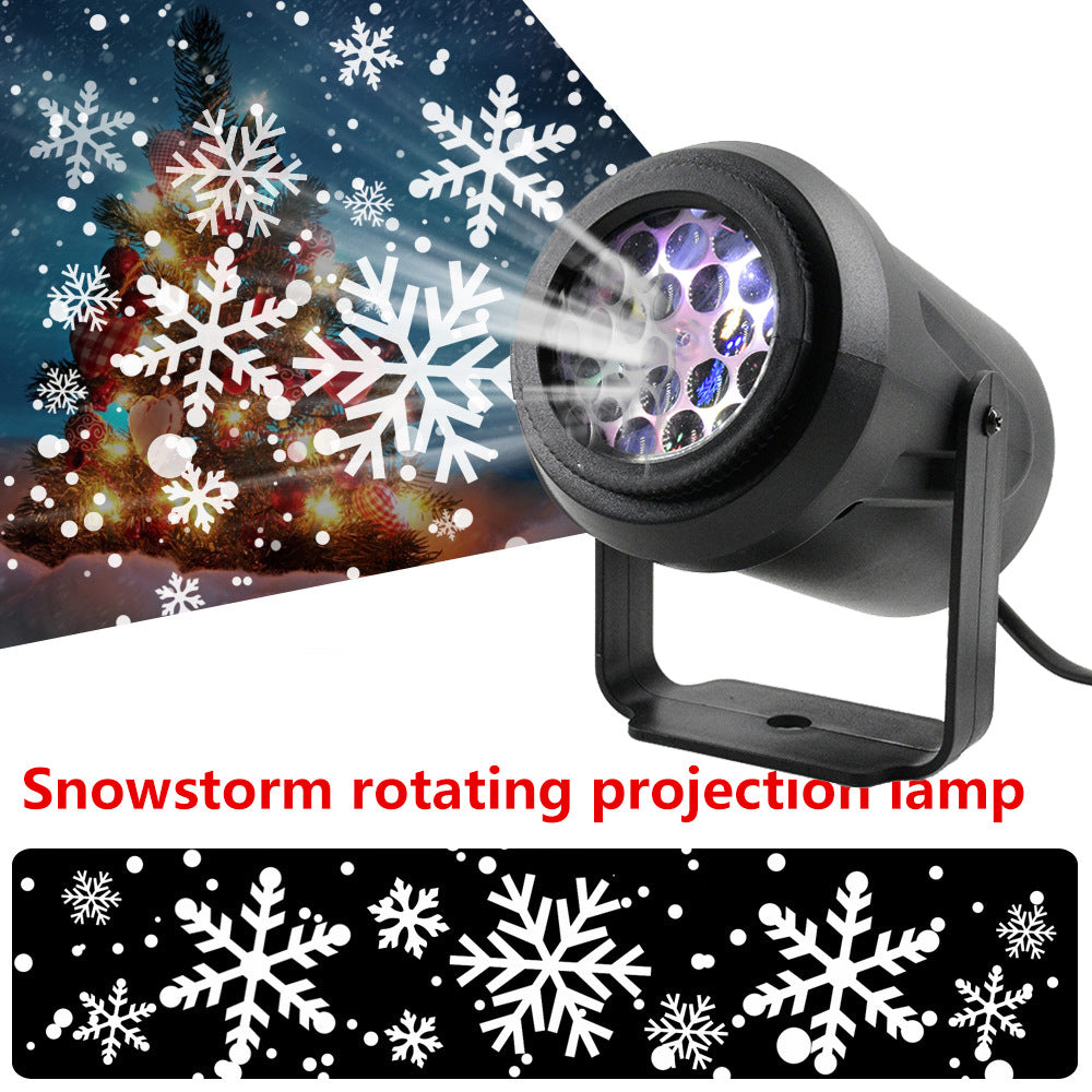 Rotating snowflake projector light casting white snowflakes onto a Christmas tree